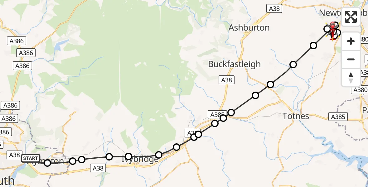 Flight route Air Ambulance Helicopter Plympton - Denbury, 30 June 2026, 14:12