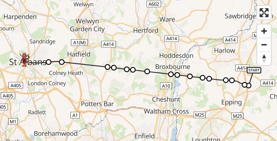 Flight route Air Ambulance Helicopter North Weald Bassett - St Albans, 30 June 2026, 14:12