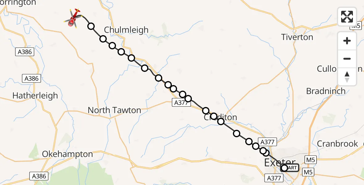 Flight route Air Ambulance Helicopter Royal Devon & Exeter Hospital - Eaglescott Airfield, 30 June 2026, 14:14