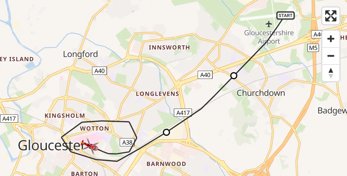 Flight route Air Ambulance Helicopter Gloucestershire Airport - Gloucester, 30 June 2026, 14:17