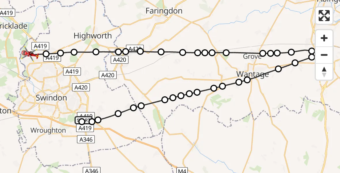 Flight route Air Ambulance Helicopter Great Western Hospital - Blunsdon St Andrew, 30 June 2026, 14:19