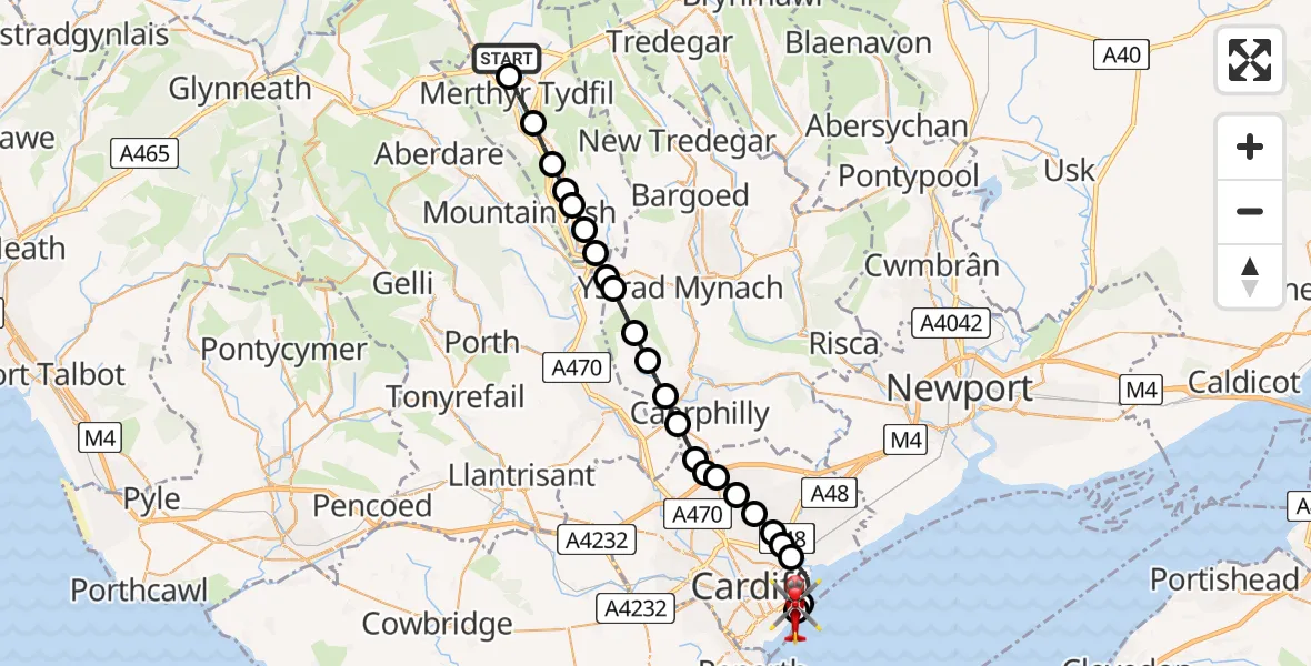Flight route Air Ambulance Helicopter Prince Charles Hospital Helipad - Cardiff Heliport, 30 June 2026, 14:26