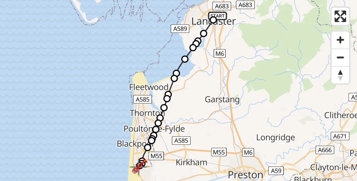 Flight route Air Ambulance Helicopter Lancaster - Blackpool Airport, 30 June 2026, 14:32