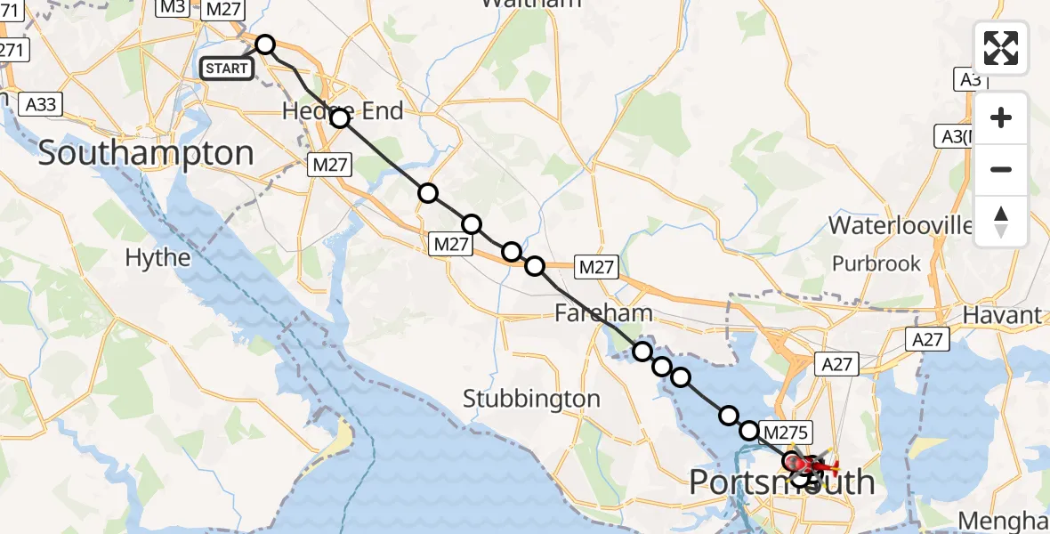 Flight route Air Ambulance Helicopter Townhill Park - Fratton, 30 June 2026, 14:33