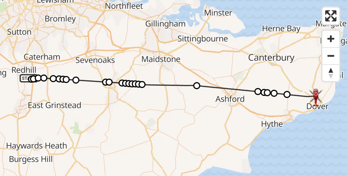 Flight route Air Ambulance Helicopter Redhill Aerodrome - Dover, 30 June 2026, 14:38