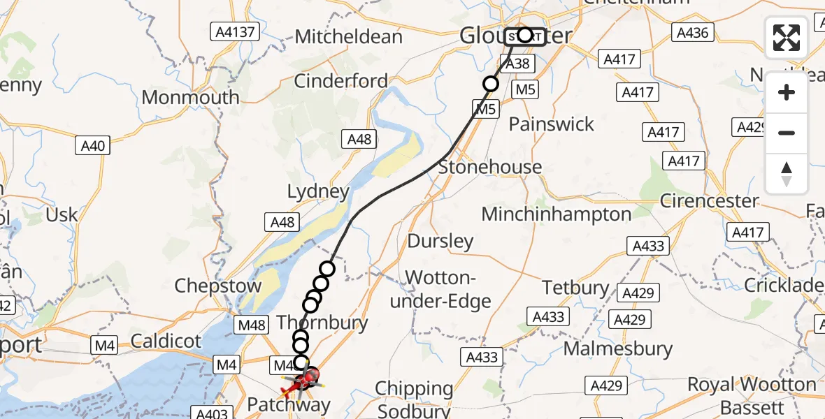 Flight route Air Ambulance Helicopter Gloucester Royal Hospital - Almondsbury Helicopter Base, 30 June 2026, 14:45