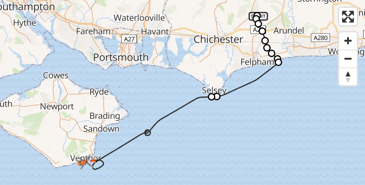 Flight route Coastguard Helicopter Chichester - English Channel, 30 June 2026, 14:56