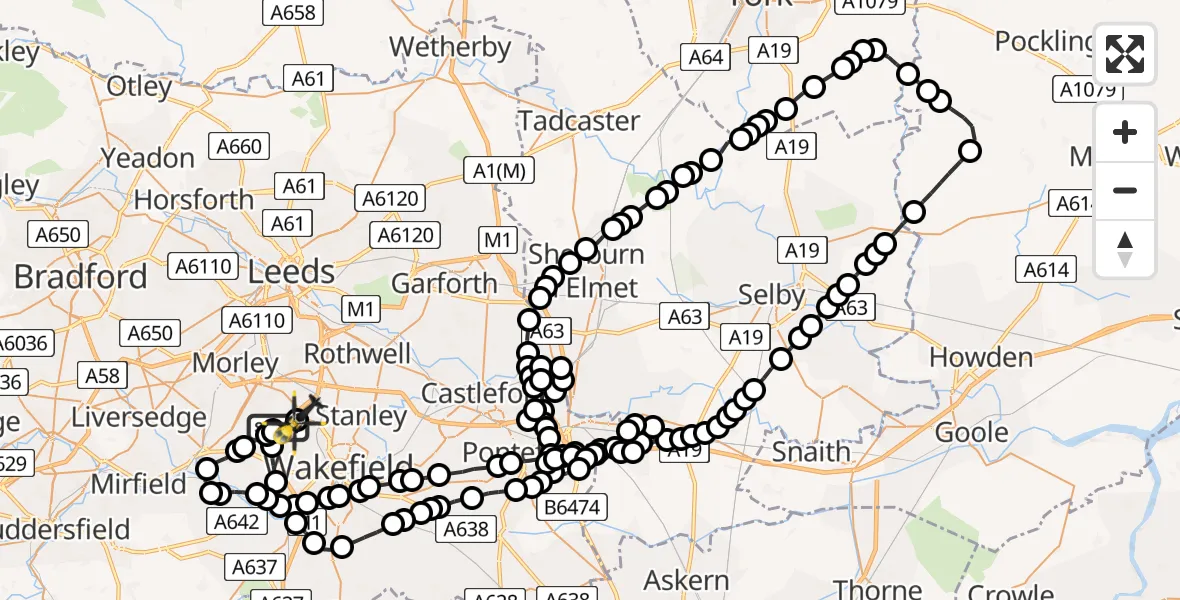 Flight route Police Helicopter East Ardsley - East Ardsley, 30 June 2026, 15:04