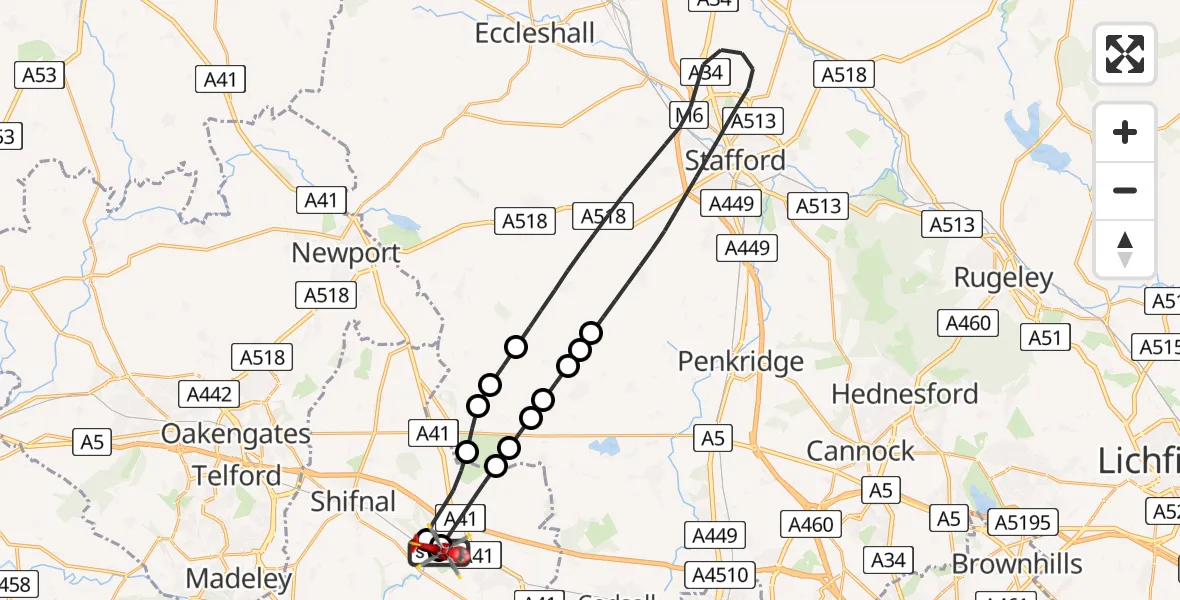 Flight route Air Ambulance Helicopter RAF Cosford - Cosford, 30 June 2026, 15:12