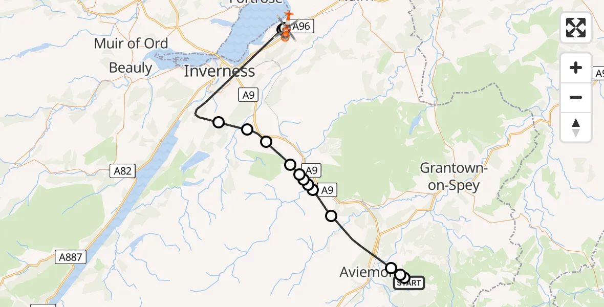 Flight route Coastguard Helicopter Aviemore - Inverness Airport, 30 June 2026, 15:15