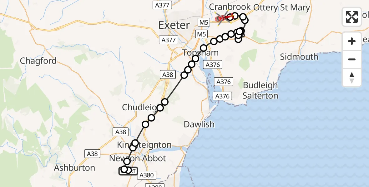 Flight route Air Ambulance Helicopter East Ogwell - Exeter International Airport, 30 June 2026, 15:26