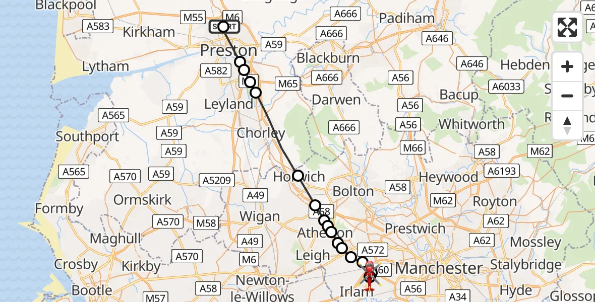 Flight route Air Ambulance Helicopter Royal Preston - Irlam, 30 June 2026, 15:27