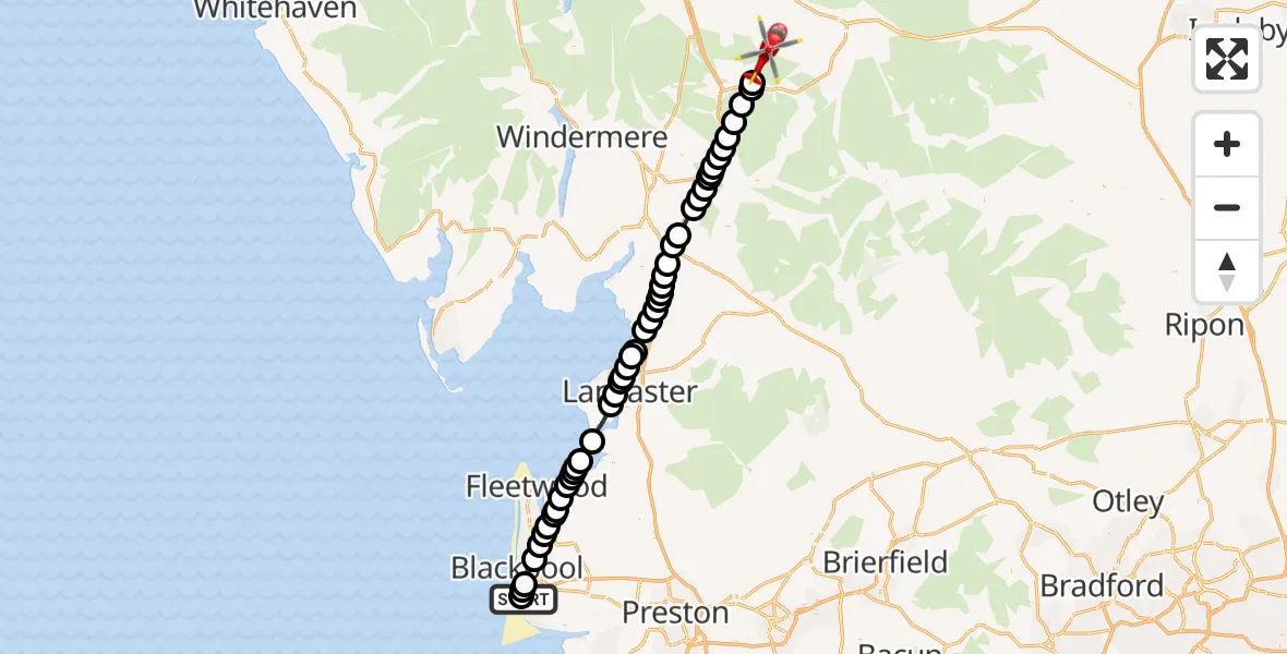 Flight route Air Ambulance Helicopter Blackpool Airport - Asby, 30 June 2026, 15:29