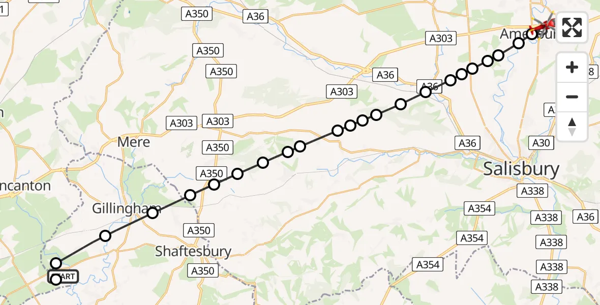 Flight route Air Ambulance Helicopter Henstridge Airfield - Amesbury, 30 June 2026, 15:30