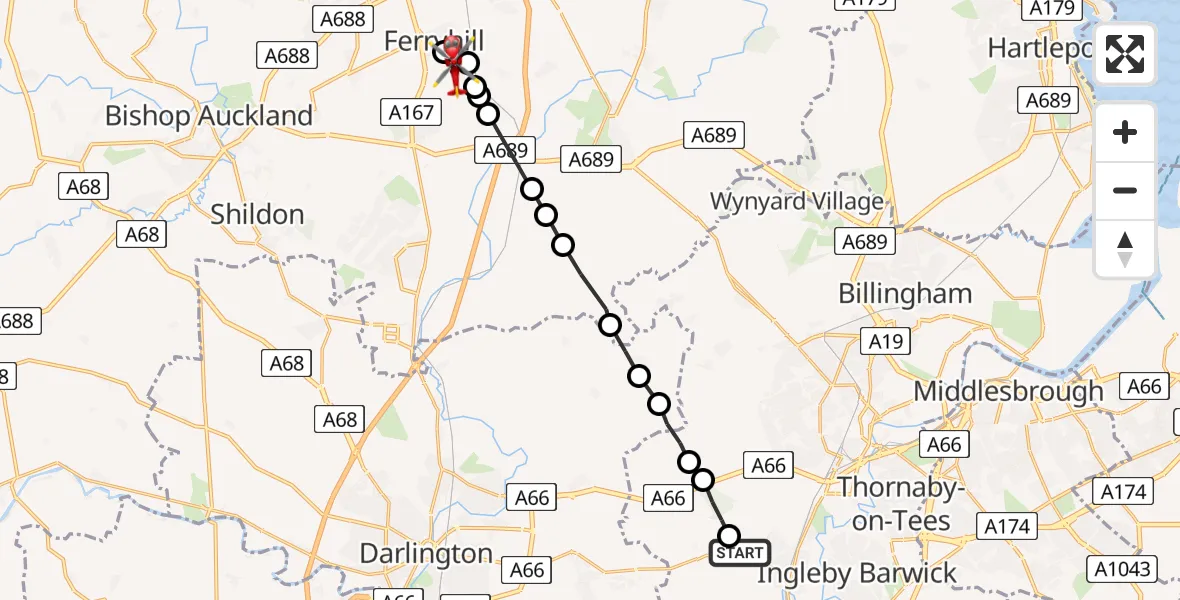 Flight route Air Ambulance Helicopter Egglescliffe - Ferryhill, 30 June 2026, 15:31