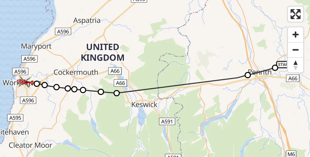 Flight route Air Ambulance Helicopter Edenhall - Workington, 30 June 2026, 15:39
