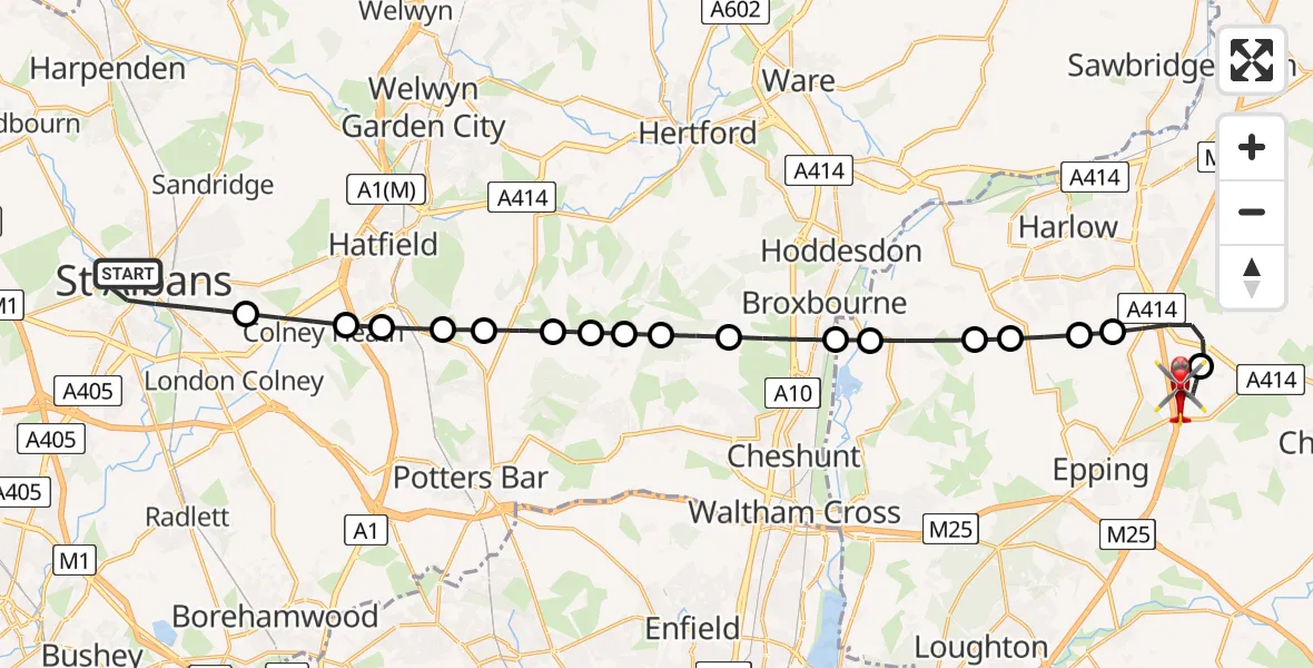 Flight route Air Ambulance Helicopter St Albans - North Weald Airfield, 30 June 2026, 15:44