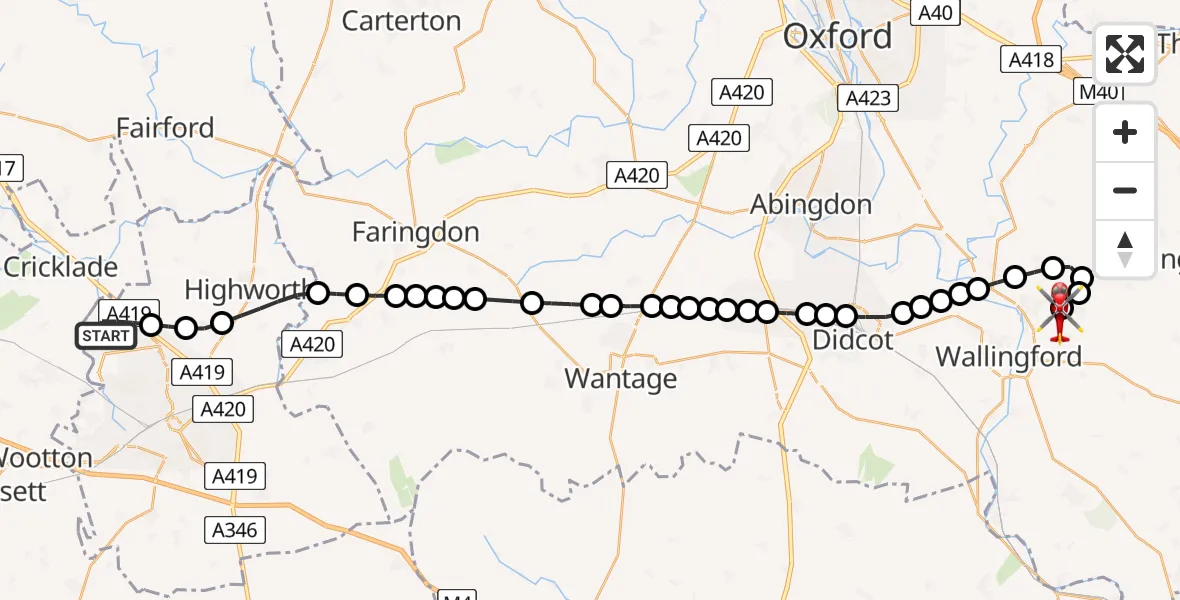 Flight route Air Ambulance Helicopter Blunsdon St Andrew - RAF Benson, 30 June 2026, 15:46