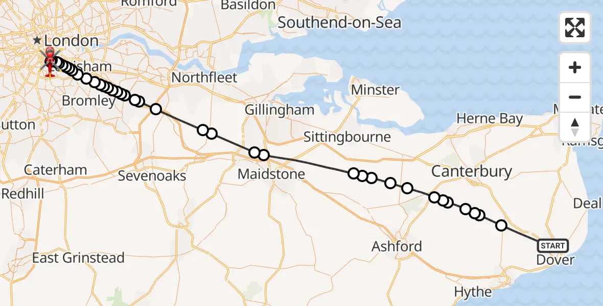 Flight route Air Ambulance Helicopter Dover - Kings College London Hospital, 30 June 2026, 15:49