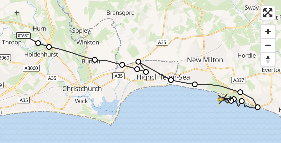 Flight route Police Helicopter Bournemouth Airport - New Milton, 30 June 2026, 15:50