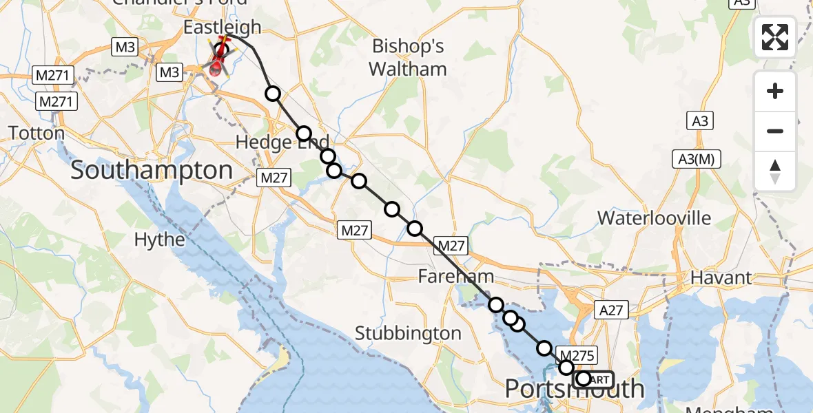 Flight route Air Ambulance Helicopter Fratton - Southampton Airport, 30 June 2026, 15:56