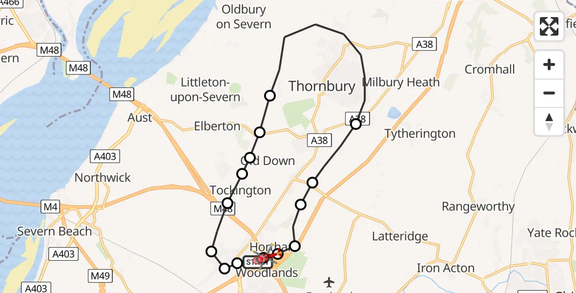 Flight route Air Ambulance Helicopter Almondsbury Helicopter Base - Woodlands, 30 June 2026, 15:59