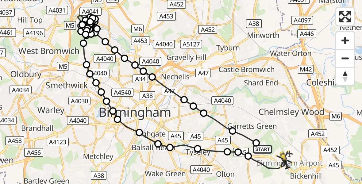 Flight route Police Helicopter Sheldon - Birmingham Airport, 30 June 2026, 16:02