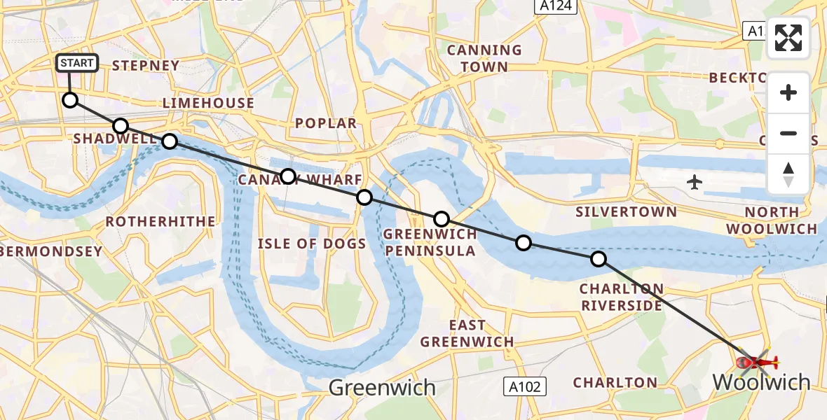 Flight route Air Ambulance Helicopter Royal London Hospital - Naafi Messing Store, 30 June 2026, 16:04