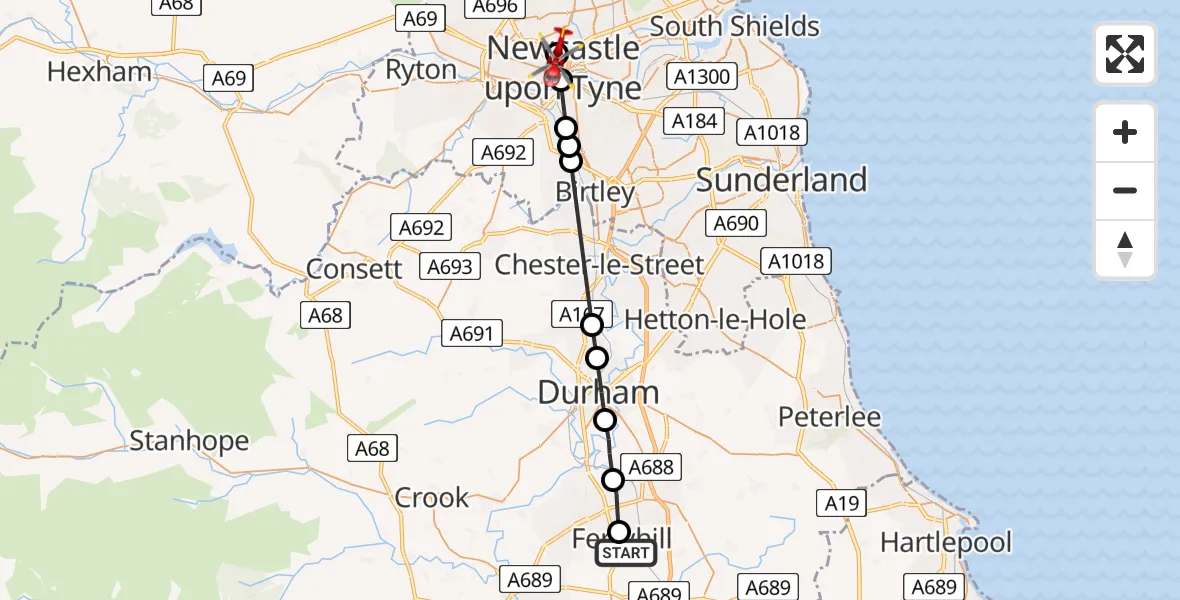 Flight route Air Ambulance Helicopter Ferryhill - Newcastle Royal Victoria Infirmary, 30 June 2026, 16:05
