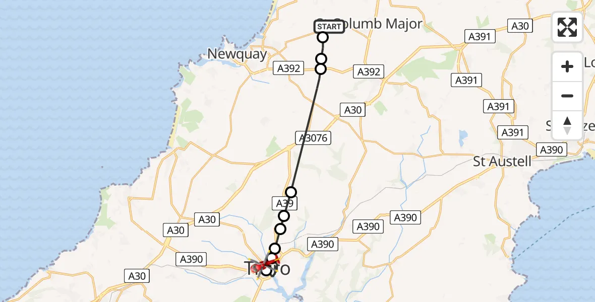 Flight route Air Ambulance Helicopter Cornwall Airport Newquay - Truro, 30 June 2026, 16:07