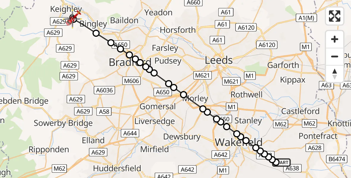 Flight route Air Ambulance Helicopter YAA Nostell Helicopter Port - Keighley, 30 June 2026, 16:30