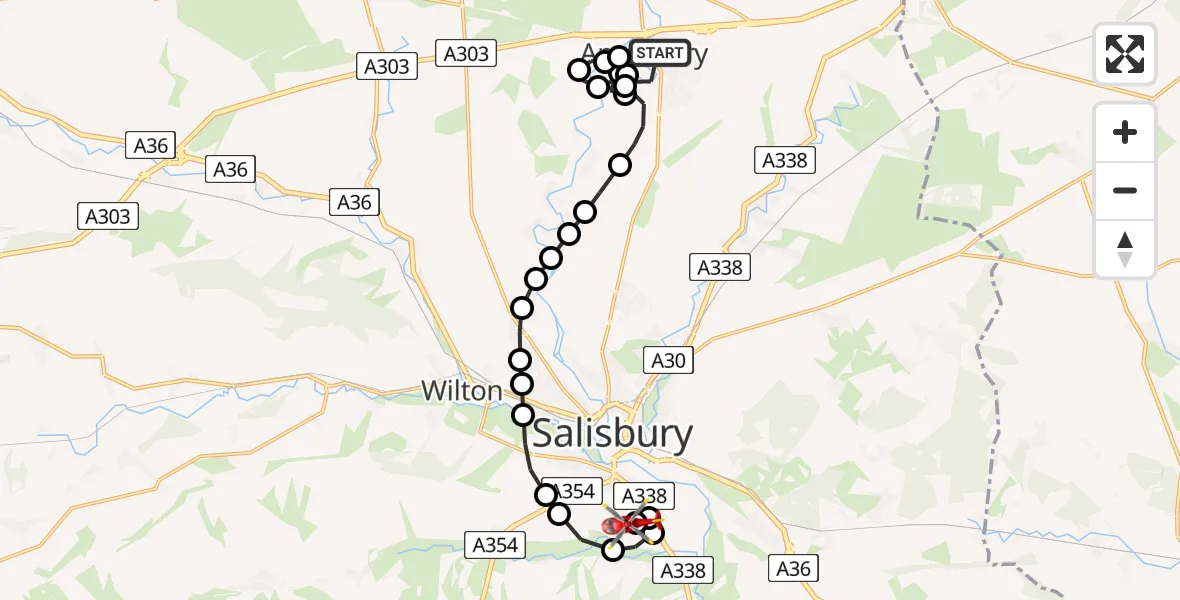 Flight route Air Ambulance Helicopter Amesbury - Salisbury District Hospital, 30 June 2026, 16:31