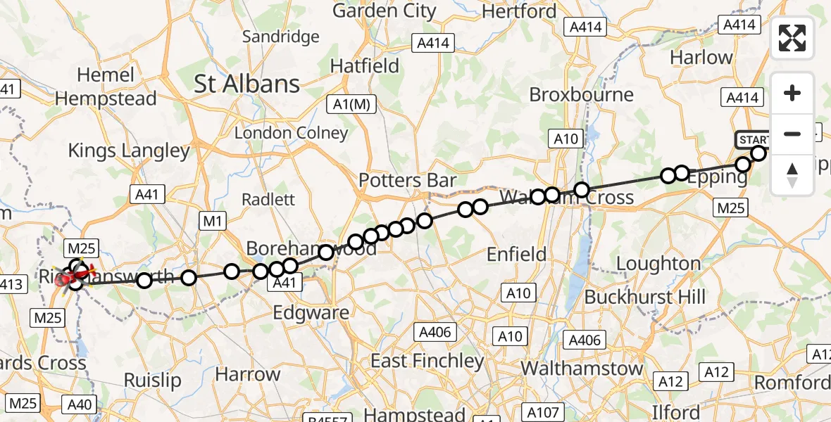 Flight route Air Ambulance Helicopter North Weald Airfield - Maple Cross, 30 June 2026, 16:38