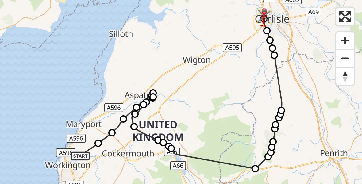 Flight route Air Ambulance Helicopter Camerton - Carlisle General, 30 June 2026, 16:39