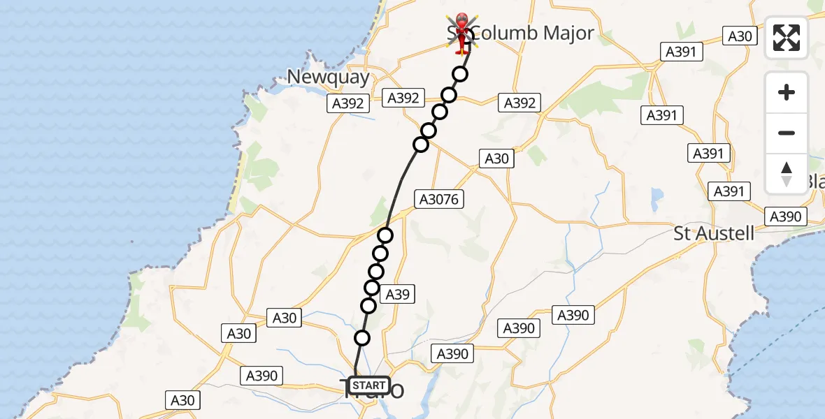 Flight route Air Ambulance Helicopter Truro - Cornwall Airport Newquay, 30 June 2026, 16:43