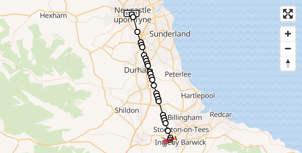 Flight route Air Ambulance Helicopter Newcastle Royal Victoria Infirmary - Egglescliffe, 30 June 2026, 16:47