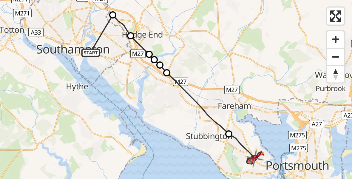 Flight route Air Ambulance Helicopter Woolston - Gosport, 30 June 2026, 16:47