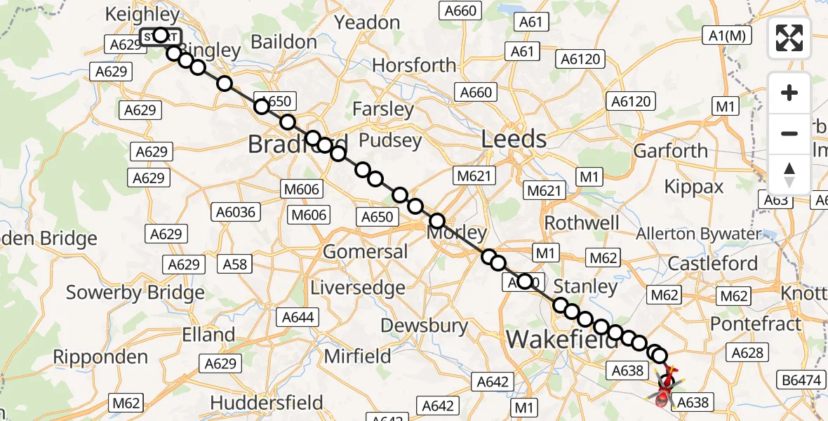 Flight route Air Ambulance Helicopter Keighley - YAA Nostell Helicopter Port, 30 June 2026, 17:05