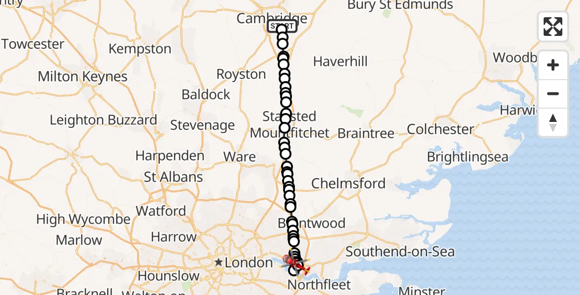 Flight route Air Ambulance Helicopter Cambridge - Aveley, 30 June 2026, 17:12