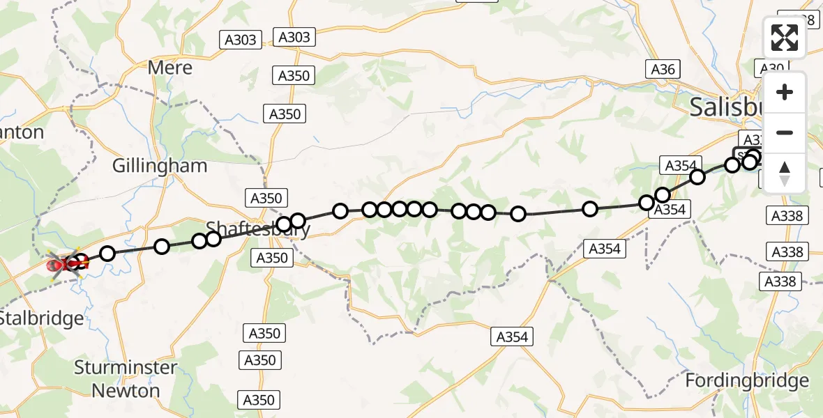 Flight route Air Ambulance Helicopter Salisbury District Hospital - Henstridge Airfield, 30 June 2026, 17:15