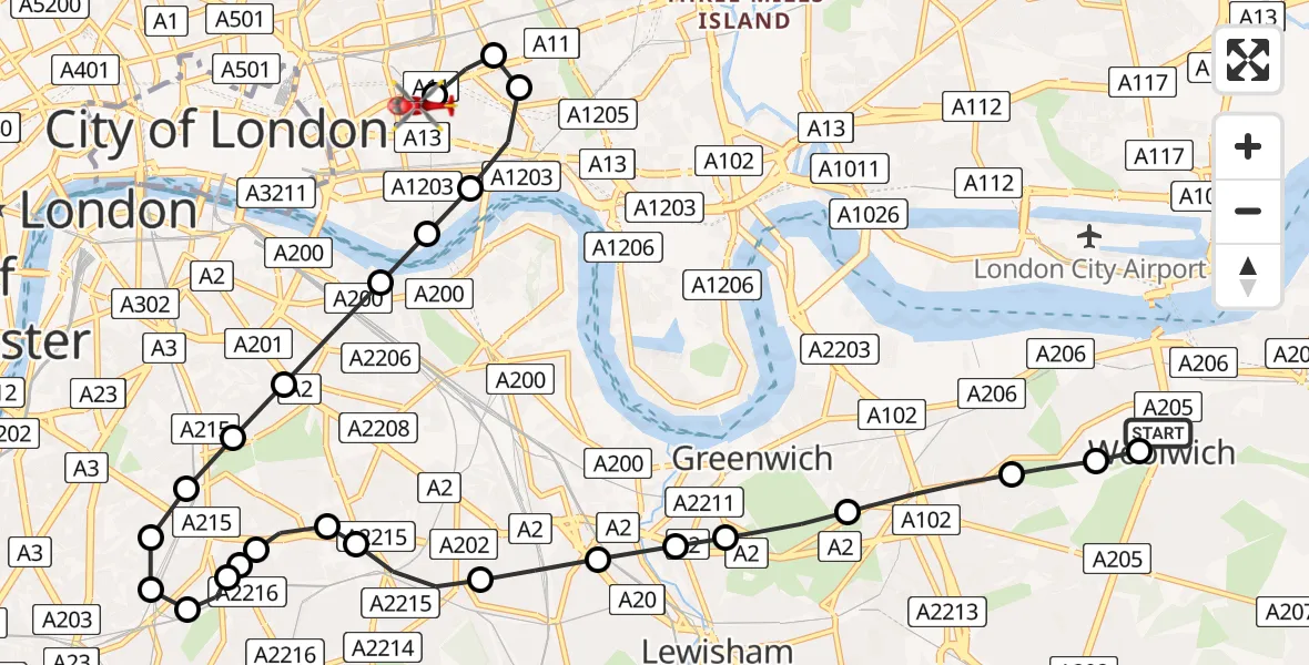 Flight route Air Ambulance Helicopter Greenwich - Royal London Hospital, 30 June 2026, 17:16