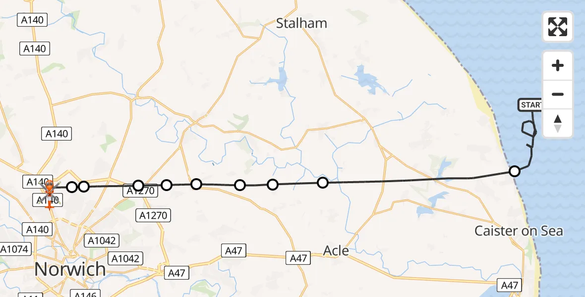Flight route Coastguard Helicopter North Sea - Norwich Airport, 30 June 2026, 17:20