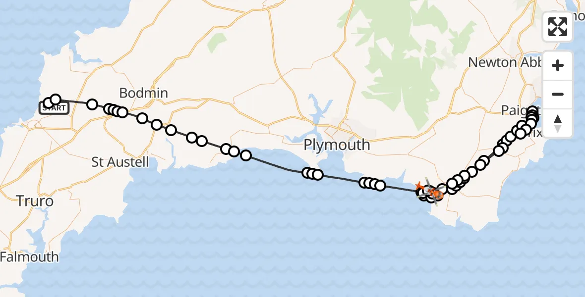 Flight route Coastguard Helicopter Cornwall Airport Newquay - Thurlestone, 30 June 2026, 17:24