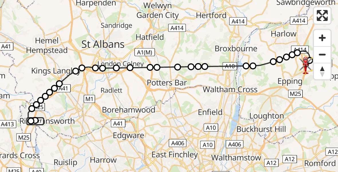 Flight route Air Ambulance Helicopter Rickmansworth - North Weald Airfield, 30 June 2026, 17:35