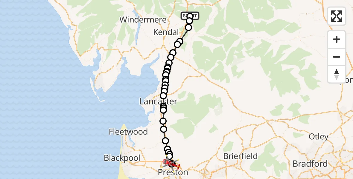 Flight route Air Ambulance Helicopter Tebay - Broughton, 30 June 2026, 17:43