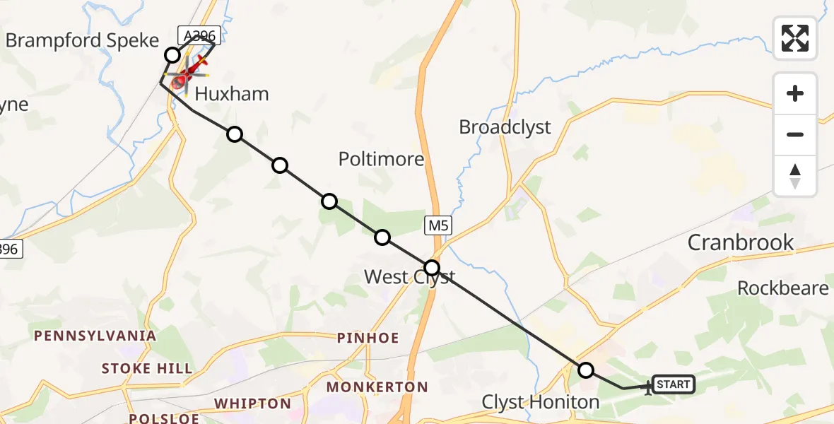 Flight route Air Ambulance Helicopter Exeter International Airport - Huxham, 30 June 2026, 17:54