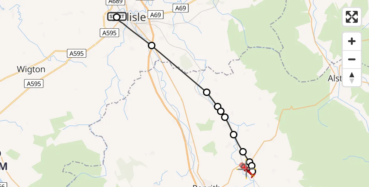 Flight route Air Ambulance Helicopter Carlisle General - Langwathby, 30 June 2026, 17:59