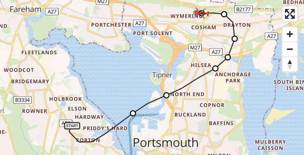 Flight route Air Ambulance Helicopter Gosport - Queen Alexandra Hospital, 30 June 2026, 18:04