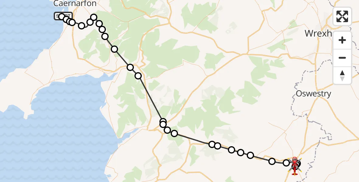 Flight route Air Ambulance Helicopter Caernarfon Airport - Welshpool Airport, 30 June 2026, 18:05
