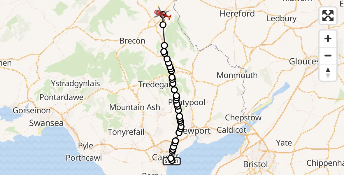 Flight route Air Ambulance Helicopter Cardiff Heliport - Glasbury, 30 June 2026, 18:19